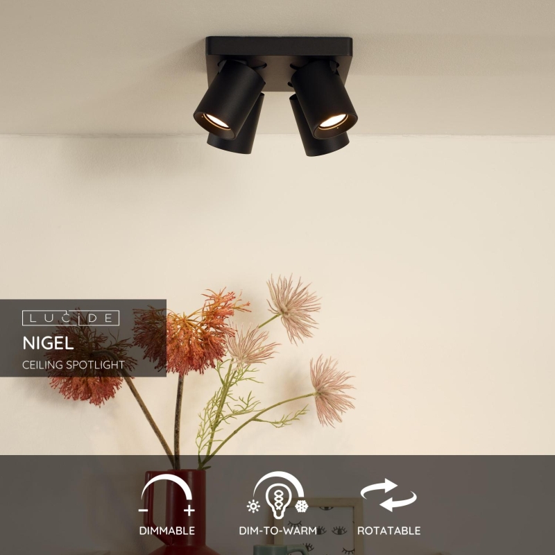 Lucide NIGEL - Stropné bodové svietidlo - LED tlmené až teplé - GU10 - 4x5W 2200K/3000K - čierne